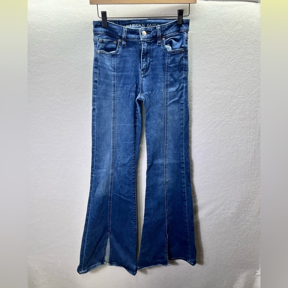 American Eagle Festival Flare Jeans Womens 0 Long Blue‎ Denim Stretch Cute 2309
